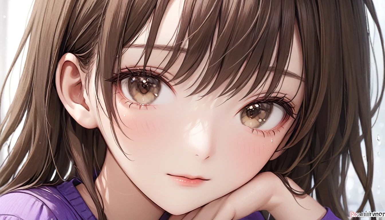 1girl, solo, long_hair, looking_at_viewer, bangs, brown_hair, shirt, original, brown_eyes, closed_mouth, artist_name, lips, eyelashes, watermark, close-up, portrait, realistic, nose, photo_(medium), purple_shirt, real_life, photo-referenced