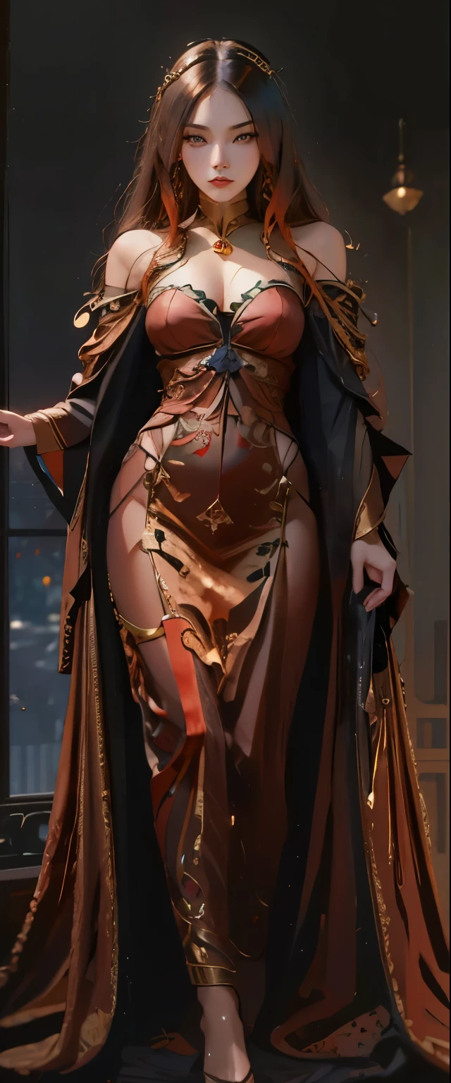 An ultra beautiful Asian woman long red-gold hair, holding a very ultra ornate long black ancient liquored Asian fighting fan, wearing a long black Chinese women's dressing gown, in a darkened room of moonlight streak in through the opened balcony window, Chinese garden, night sky, black ink, in the style of Caravaggio, Fan Zhongzheng, and Da Vinci, 8k resolution, hyperdetailed, photorealistic, an oil painting art style, Sfumato, Masterpiece
