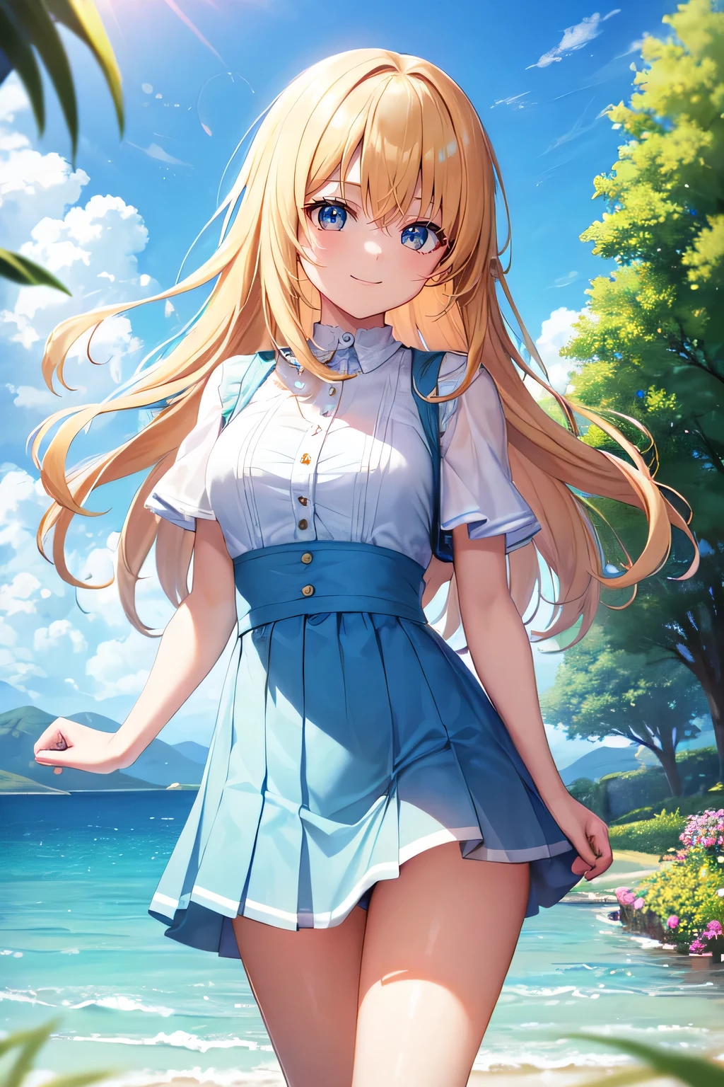 Top quality RAW photos in 32k resolution taken with Canon EOS R3, (frombelow:1.15),(masterpiece、top-quality)、Girl in blue pleated mini skirt, Summer steppe, a blond, A smile, Refreshing, Beautiful anime girl