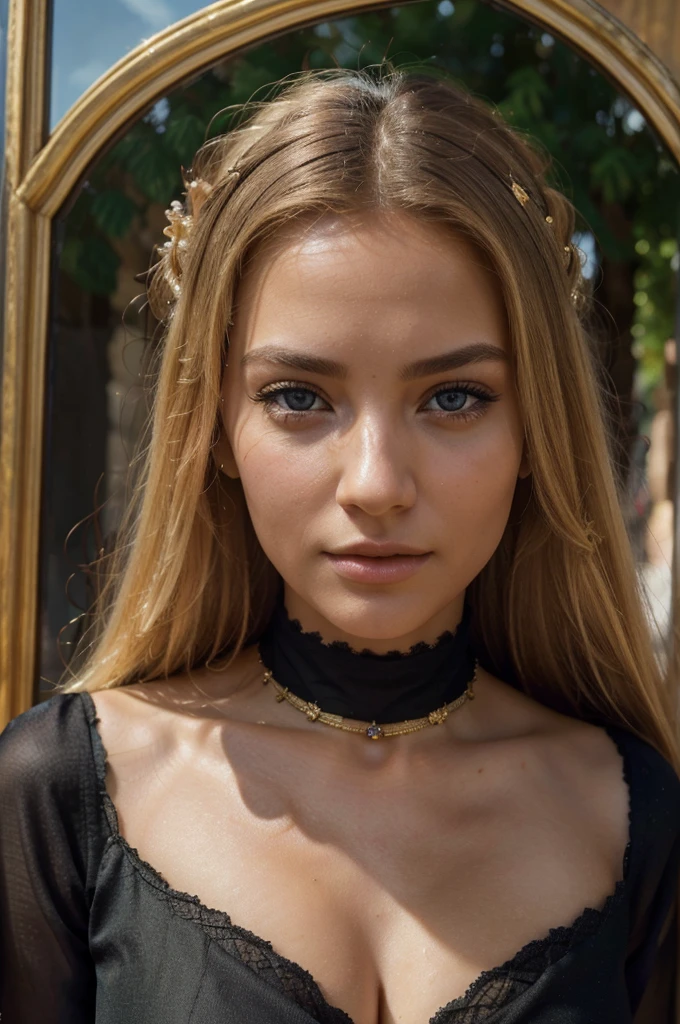 a beautiful blonde woman, beautiful golden blonde hair, detailed eyes, beautiful detailed lips, extremely detailed face, long eyelashes, in the country of Egypt, wearing a long black arab dress, (best quality,4k,8k,highres,masterpiece:1.2),ultra-detailed,(realistic,photorealistic,photo-realistic:1.37),HDR,UHD,studio lighting,ultra-fine painting,sharp focus,physically-based rendering,extreme detail description,professional,vivid colors,bokeh,portrait, with a view of pyramide behind, photo de la tête jusqu'à la taille, le cheveux porter par le vent
