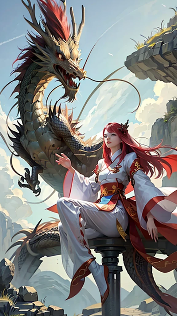 A dragon rising to the sky、Red and white、Chinese clothing、woman、
Long Hair、Hairpin、Handsome、