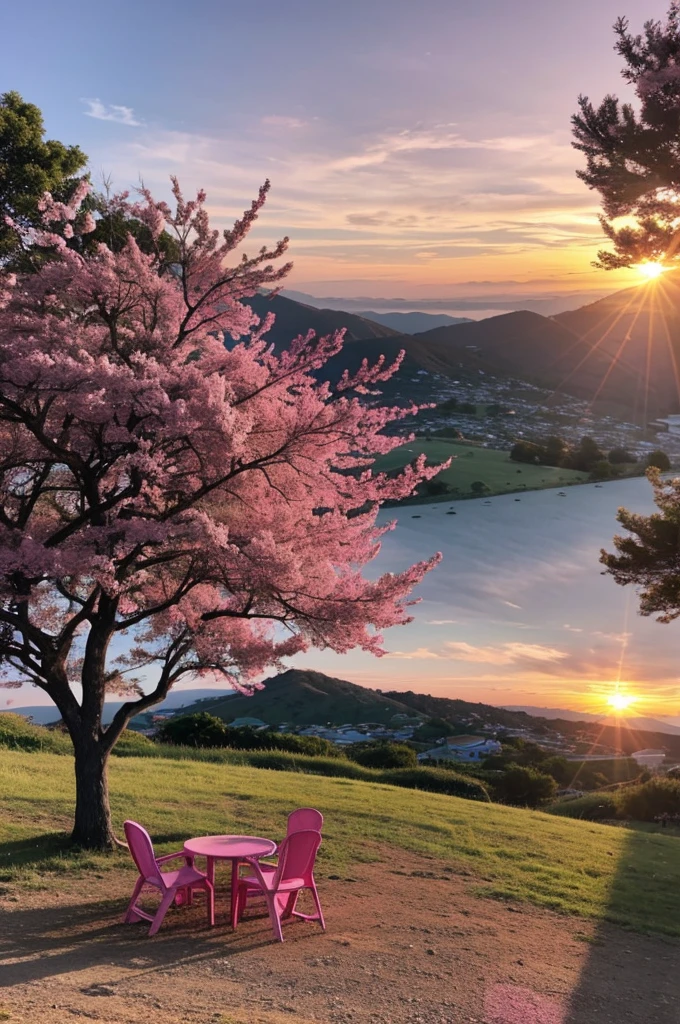 A sunset on a hill with a pink tree and a chair and a peraona worshiping the sun anime