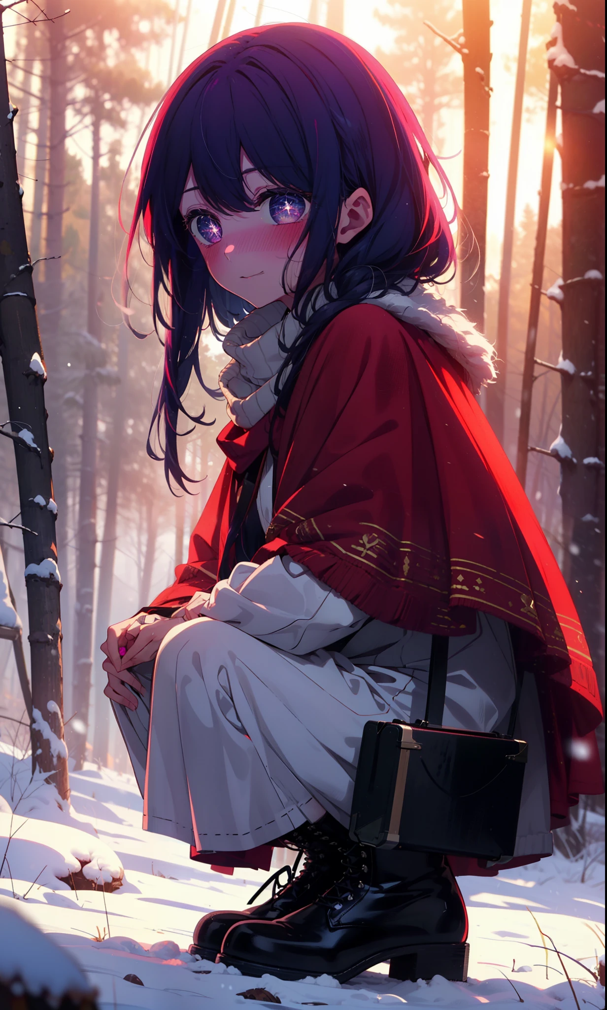 aihoshino, Ai Hoshino, Long Hair, bangs, (Purple eyes:1.1), Purple Hair, (Symbol-shaped pupil:1.5), smile,,smile,blush,White Breath,
Open your mouth,snow,Ground bonfire, Outdoor, boots, snowing, From the side, wood, suitcase, Cape, Blurred, , forest, White handbag, nature, Squat, Mouth closed, Cape, winter, Written boundary depth, Black shoes, red Cape break looking at viewer, Upper Body, whole body, break Outdoor, forest, nature, break (masterpiece:1.2), Highest quality, High resolution, unity 8k wallpaper, (shape:0.8), (Beautiful and beautiful eyes:1.6), Highly detailed face, Perfect lighting, Extremely detailed CG, (Perfect hands, Perfect Anatomy),