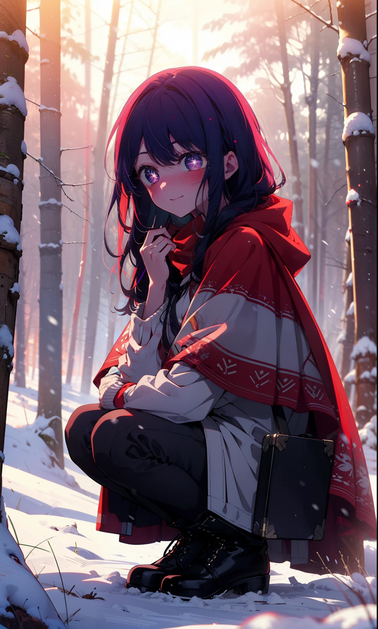 aihoshino, Ai Hoshino, Long Hair, bangs, (Purple eyes:1.1), Purple Hair, (Symbol-shaped pupil:1.5), smile,,smile,blush,White Breath,
Open your mouth,snow,Ground bonfire, Outdoor, boots, snowing, From the side, wood, suitcase, Cape, Blurred, , forest, White handbag, nature, Squat, Mouth closed, Cape, winter, Written boundary depth, Black shoes, red Cape break looking at viewer, Upper Body, whole body, break Outdoor, forest, nature, break (masterpiece:1.2), Highest quality, High resolution, unity 8k wallpaper, (shape:0.8), (Beautiful and beautiful eyes:1.6), Highly detailed face, Perfect lighting, Extremely detailed CG, (Perfect hands, Perfect Anatomy),