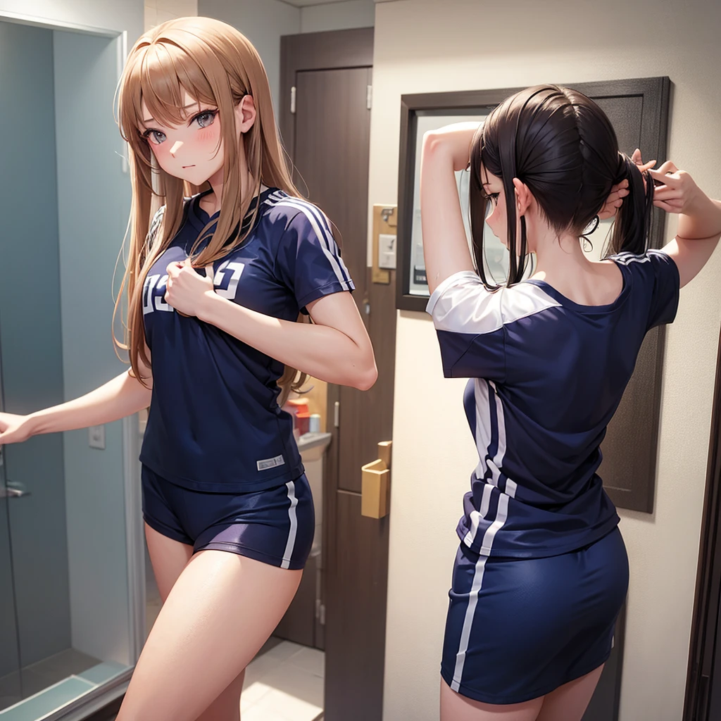 anime girl,with volleyball clothes,in the bathroom,changing