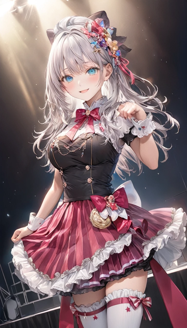 1 girl,(Ai Hoshino, Long hair, white hair, Striped hair ,blue eyes, Star-shaped pupils, hair adornments) ,((Masterpiece)), (Best quality), (Beautiful detailed eyes), (Ultra-detailed), (finedetail), (A high resolution), 8K, Cinematic lighting, Colorful, 1 girl, Cute, Professional photo details of a stunning girl, Sharp focus, Dramatic, Lovely smile, cheerful big breasts, On stage, spotlight, Cute idol costumes, Concert, Cowboy shot, Dynamic Angle, Dutch angle, Dancing, (kawaii, pastel colour),、nice hand, Perfect hands,