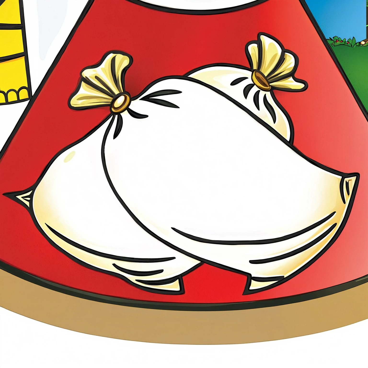 there is a cartoon picture of a bag of food on a plate, face of mad pulcinella, full color illustration, humpty dumpty in form of egg, illustration sharp detail, graphic detail, closeup at the food, in detail, closeup detailed, perspicious detail, added detail, close - up view, close-up view, extra detail