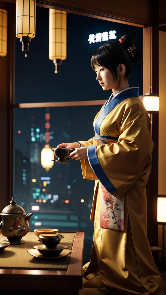 A high-tech tea ceremony party is taking place in a cyberpunk setting in the future of Japan.、An android and a human in traditional Japanese clothing are drinking tea。The hanging scroll in the room reads:"wrtn"it is written like this。A realistic image of。Anime Style