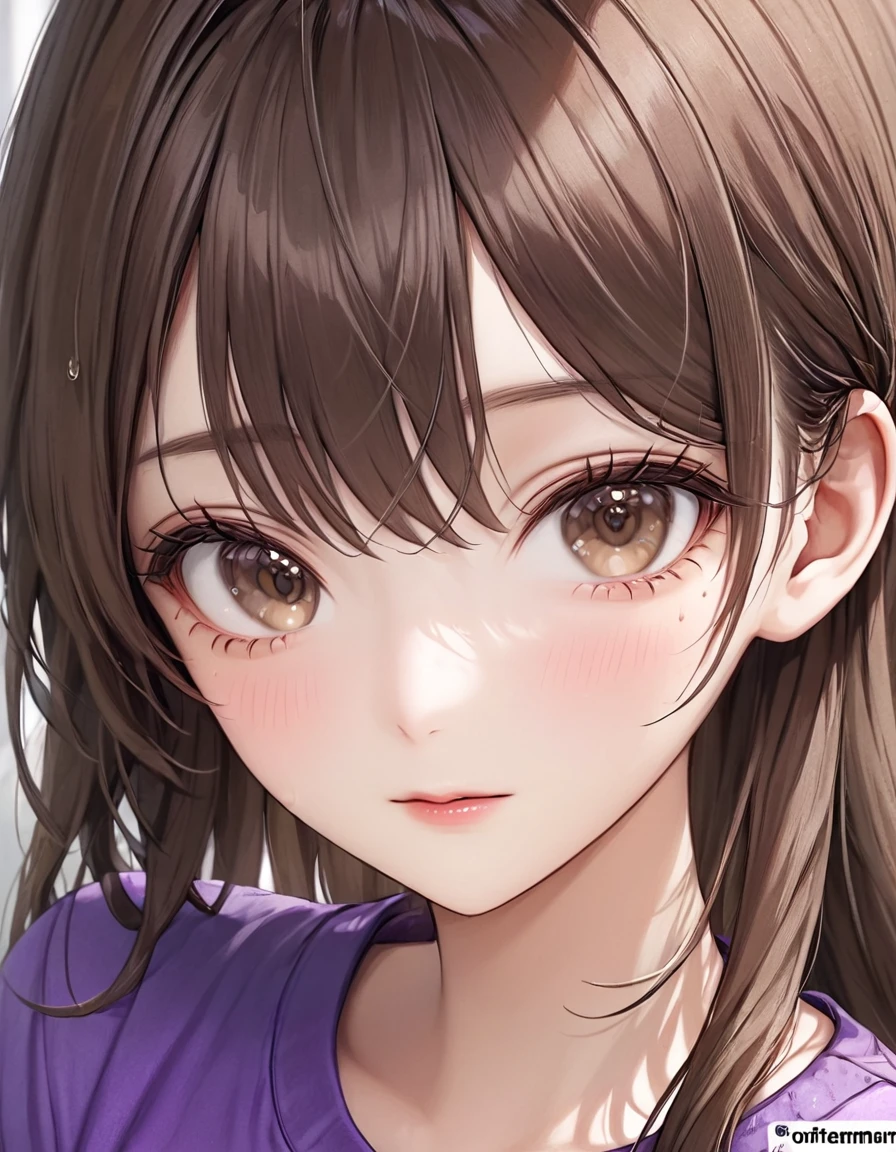 1girl, solo, long_hair, looking_at_viewer, bangs, brown_hair, shirt, original, brown_eyes, closed_mouth, artist_name, lips, eyelashes, watermark, close-up, portrait, realistic, nose, photo_(medium), purple_shirt, real_life, photo-referenced