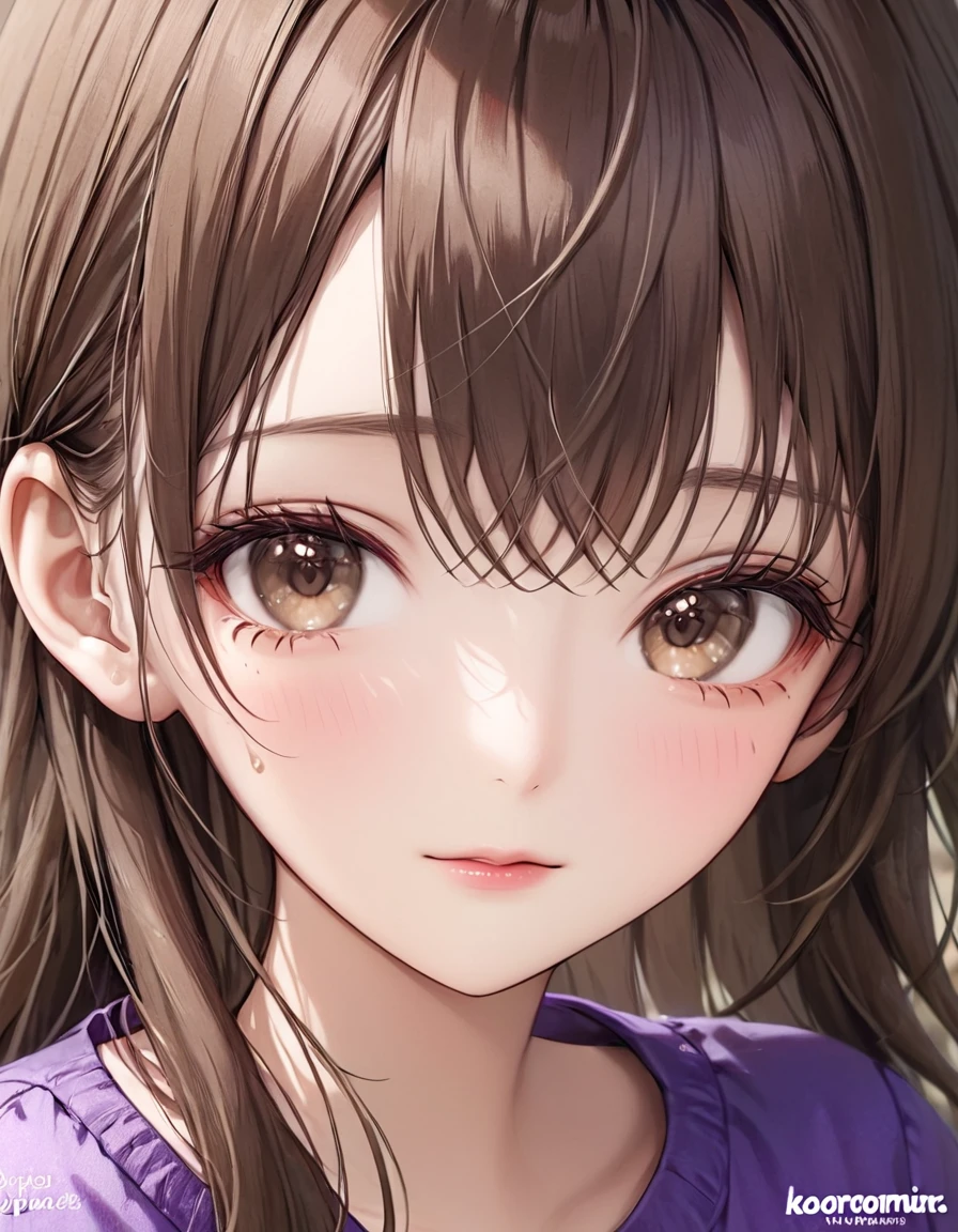 1girl, solo, long_hair, looking_at_viewer, bangs, brown_hair, shirt, original, brown_eyes, closed_mouth, artist_name, lips, eyelashes, watermark, close-up, portrait, realistic, nose, photo_(medium), purple_shirt, real_life, photo-referenced