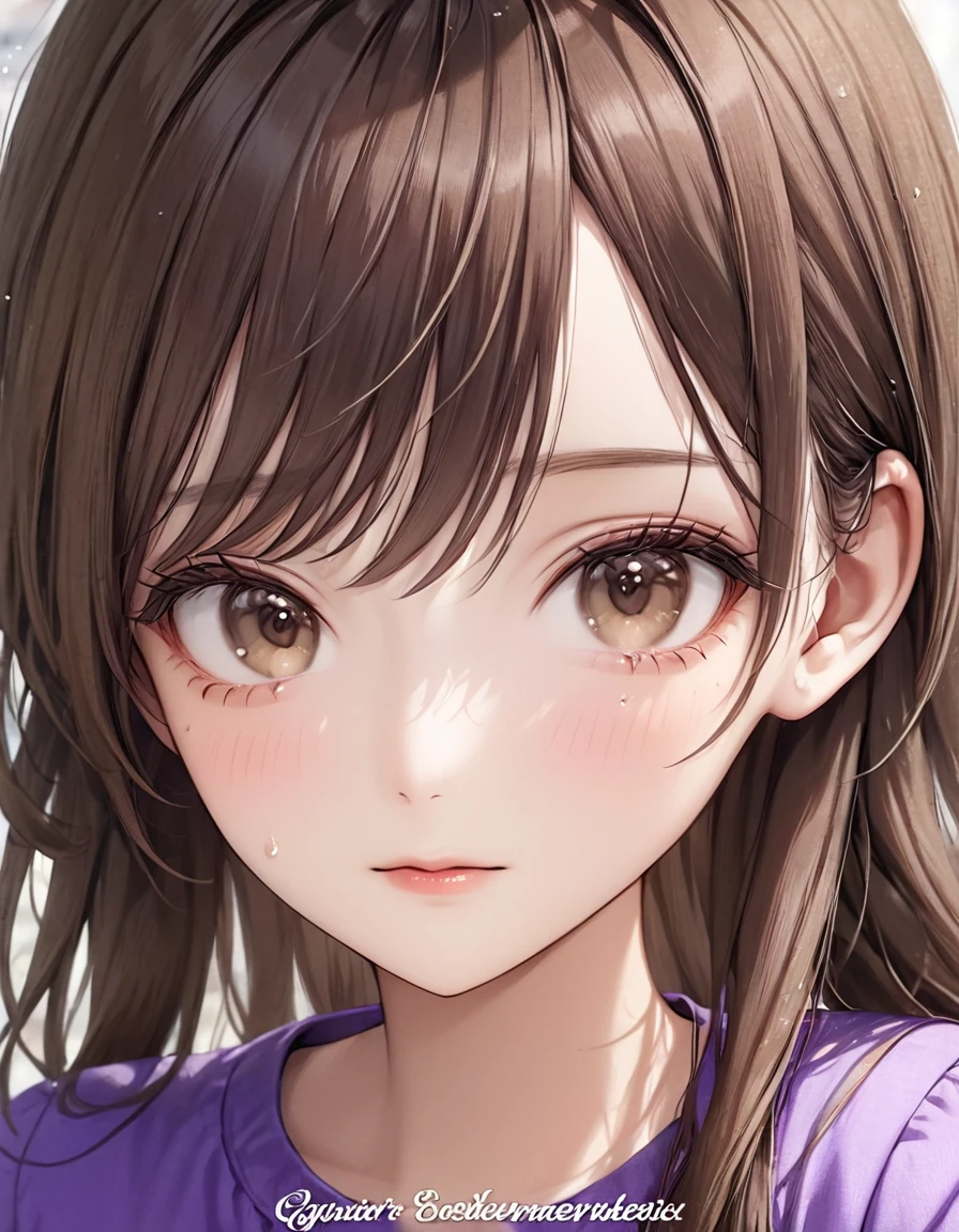 1girl, solo, long_hair, looking_at_viewer, bangs, brown_hair, shirt, original, brown_eyes, closed_mouth, artist_name, lips, eyelashes, watermark, close-up, portrait, realistic, nose, photo_(medium), purple_shirt, real_life, photo-referenced