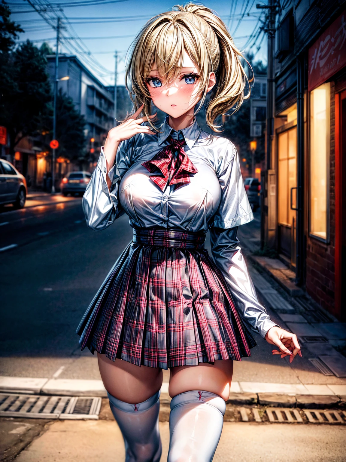 1girl,masterpiece,best quality,blonde hair,(ponytails),blue eyes,(white stockings),(red plaid skirt),short skirt,standing,in full length,medium breasts,white t shirt,in front of streets,extremely detailed,[[realistic]],beautiful alluring anime teen,seductive anime girl,waving skirt