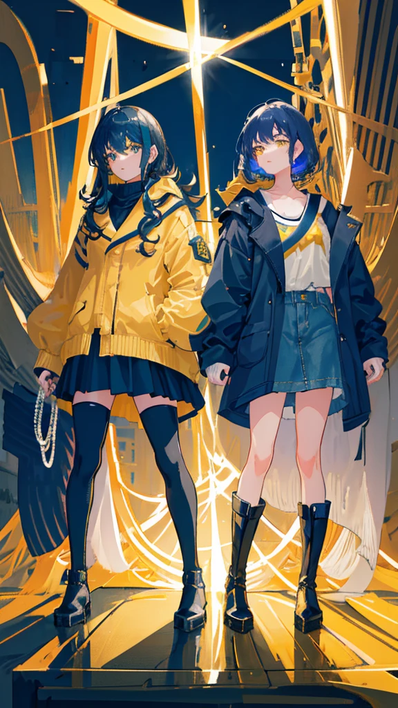 2girls, short wavy navy blue hair, golden yellow glowing eyes, wearing black tube top, navy blue trench coat, navy blue long denim skirt, golden boots, sleeve tattoo, river