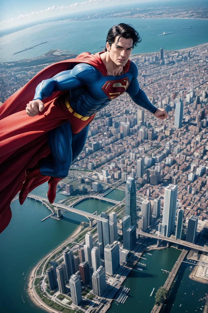 Superman sees the city and when he flies over it
