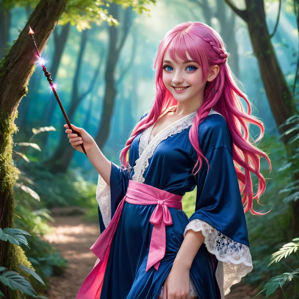  a girl, ((young girl)), slim, long pink hair in layered braids, vibrant pink hair. Blue eyes, long nose, round nose, (((detailed eyes))), round cheeks, full cheeks, youthful face, Soft jaw, round jaw, babyface,  bright smile, happy. Wearing a ((dark blue)) and white wizard robe, white lace, short skirt, holding a wand. Fantasy. Good eyes, slim chest, flat chest. Magical forest background, leafy trees provide shade. Show her walking, looking to the side.