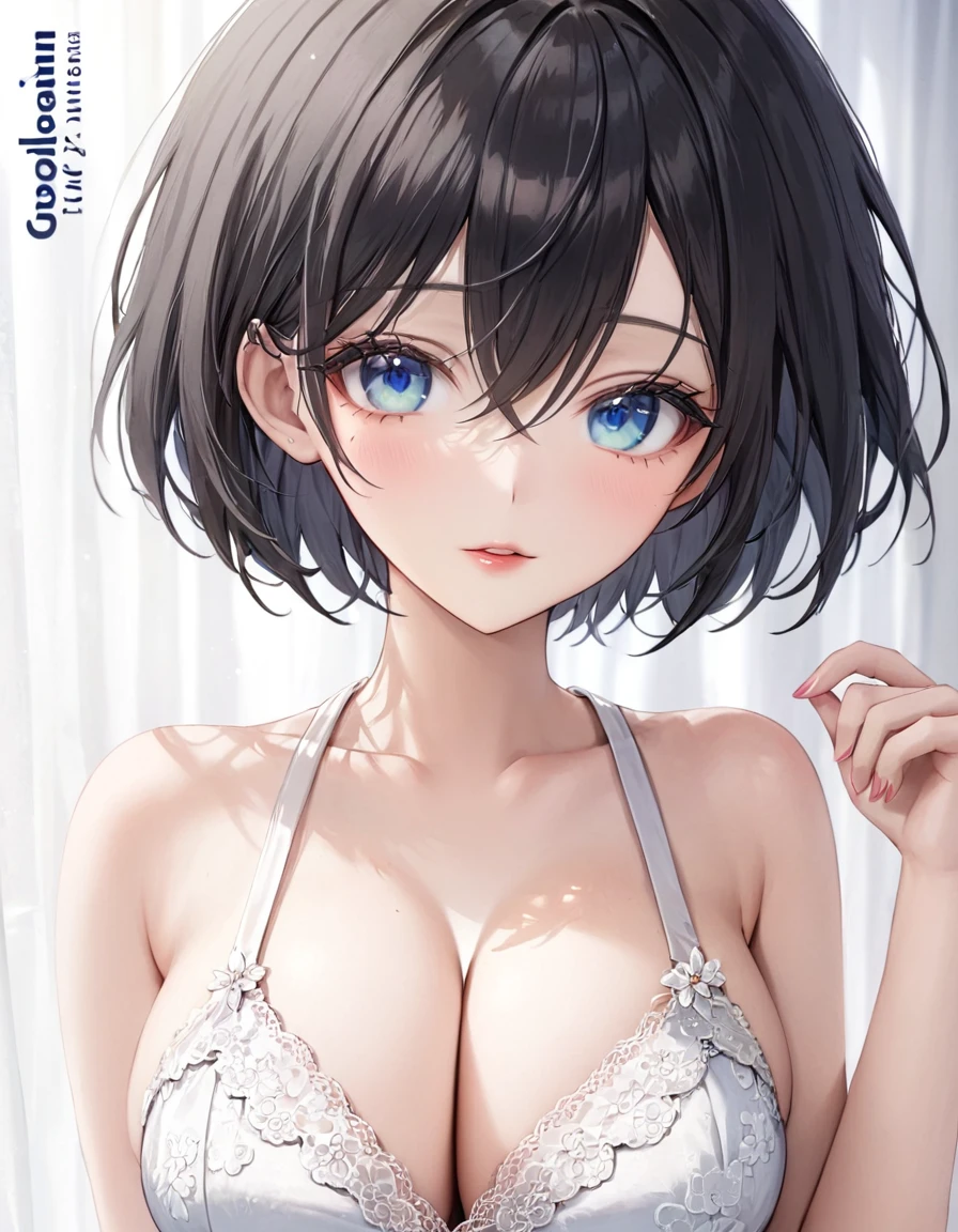 1girl, solo, breasts, looking_at_viewer, short_hair, bangs, blue_eyes, black_hair, photoshop_(medium), dress, cleavage, medium_breasts, bare_shoulders, hair_between_eyes, jewelry, closed_mouth, upper_body, sleeveless, artist_name, white_dress, lips, clothing_cutout, eyelashes, makeup, sleeveless_dress, chinese_clothes, cleavage_cutout, lipstick, portrait, red_lips