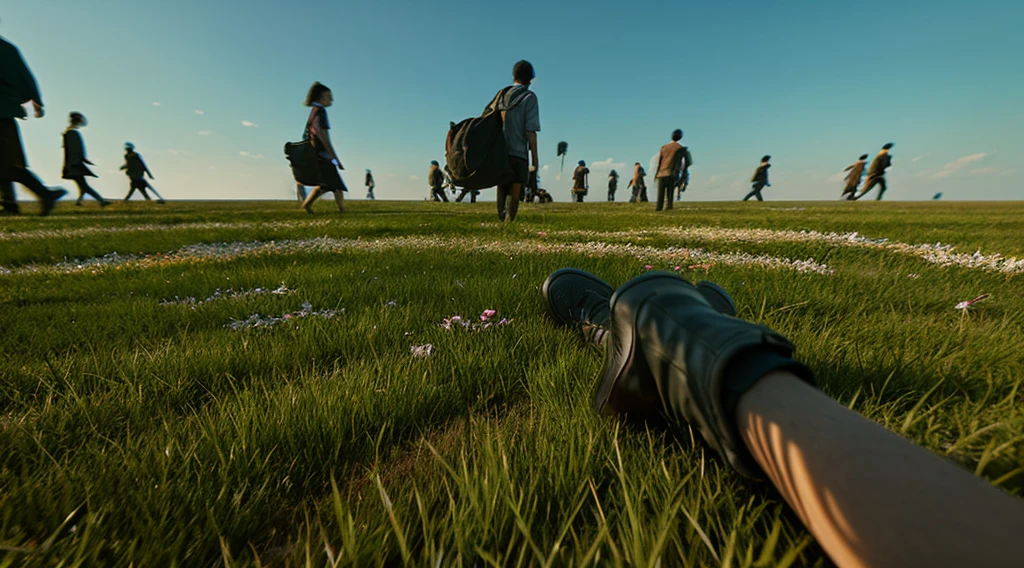 Photorealistic first-person perspective. The scene depicts a blurry and disoriented view from the ground level, simulating the experience of awakening from a faint. The focus is on the blurry feet of people approaching, with the grassy ground of a schoolyard barely visible. The grass texture is indistinct, emphasizing the difficulty in seeing clearly. The lighting is soft, creating a surreal and groggy atmosphere, capturing the disorientation and confusion of regaining consciousness. This scene should evoke the struggle to focus and the gradual realization of the surroundings.