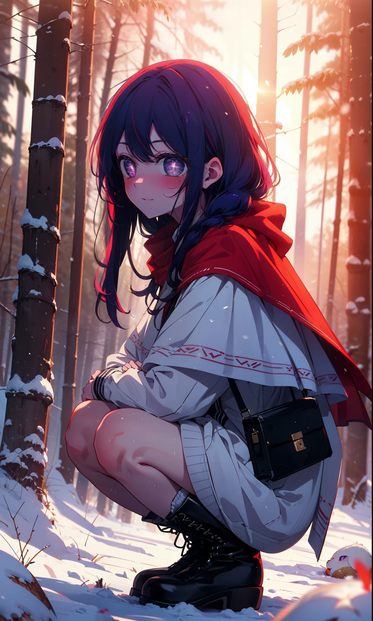 aihoshino, Ai Hoshino, Long Hair, bangs, (Purple eyes:1.1), Purple Hair, (Symbol-shaped pupil:1.5), smile,,smile,blush,White Breath,
Open your mouth,snow,Ground bonfire, Outdoor, boots, snowing, From the side, wood, suitcase, Cape, Blurred, , forest, White handbag, nature,  Squat, Mouth closed, Cape, winter, Written boundary depth, Black shoes, red Cape break looking at viewer, Upper Body, whole body, break Outdoor, forest, nature, break (masterpiece:1.2), Highest quality, High resolution, unity 8k wallpaper, (shape:0.8), (Beautiful and beautiful eyes:1.6), Highly detailed face, Perfect lighting, Extremely detailed CG, (Perfect hands, Perfect Anatomy),
