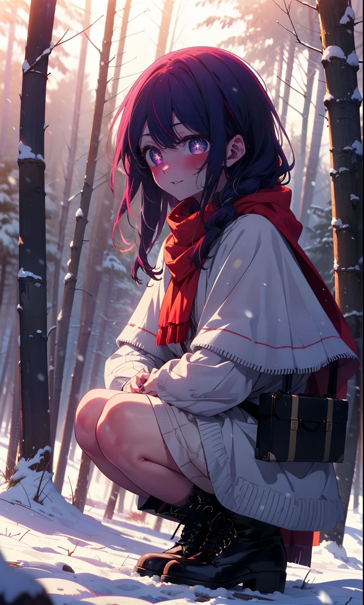 aihoshino, Ai Hoshino, Long Hair, bangs, (Purple eyes:1.1), Purple Hair, (Symbol-shaped pupil:1.5), smile,,smile,blush,White Breath,
Open your mouth,snow,Ground bonfire, Outdoor, boots, snowing, From the side, wood, suitcase, Cape, Blurred, , forest, White handbag, nature, Squat, Mouth closed, Cape, winter, Written boundary depth, Black shoes, red Cape break looking at viewer, Upper Body, whole body, break Outdoor, forest, nature, break (masterpiece:1.2), Highest quality, High resolution, unity 8k wallpaper, (shape:0.8), (Beautiful and beautiful eyes:1.6), Highly detailed face, Perfect lighting, Extremely detailed CG, (Perfect hands, Perfect Anatomy),