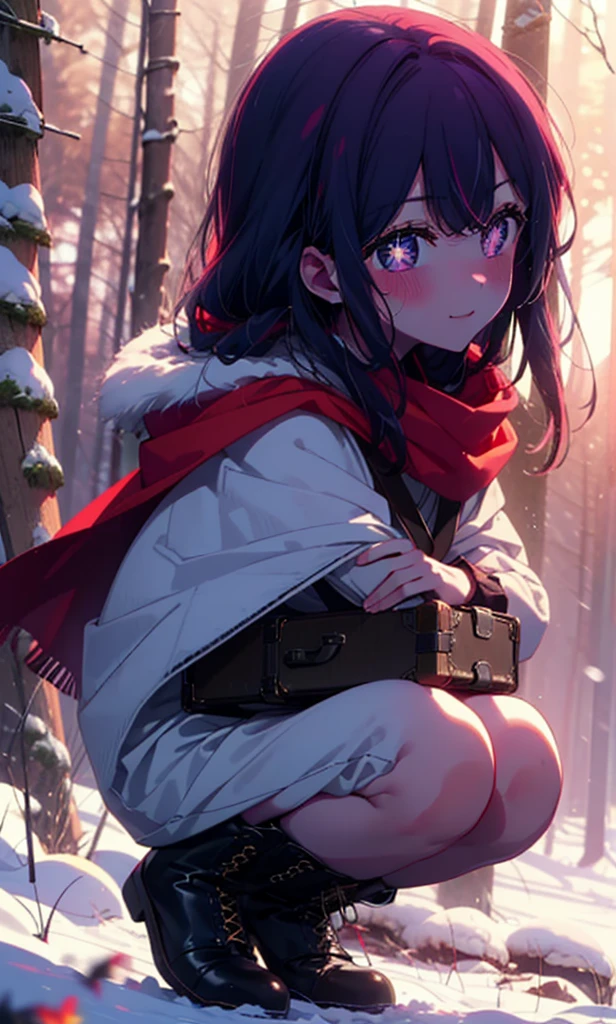 aihoshino, Ai Hoshino, Long Hair, bangs, (Purple eyes:1.1), Purple Hair, (Symbol-shaped pupil:1.5), smile,,smile,blush,White Breath,
Open your mouth,snow,Ground bonfire, Outdoor, boots, snowing, From the side, wood, suitcase, Cape, Blurred, , forest, White handbag, nature, Squat, Mouth closed, Cape, winter, Written boundary depth, Black shoes, red Cape break looking at viewer, Upper Body, whole body, break Outdoor, forest, nature, break (masterpiece:1.2), Highest quality, High resolution, unity 8k wallpaper, (shape:0.8), (Beautiful and beautiful eyes:1.6), Highly detailed face, Perfect lighting, Extremely detailed CG, (Perfect hands, Perfect Anatomy),