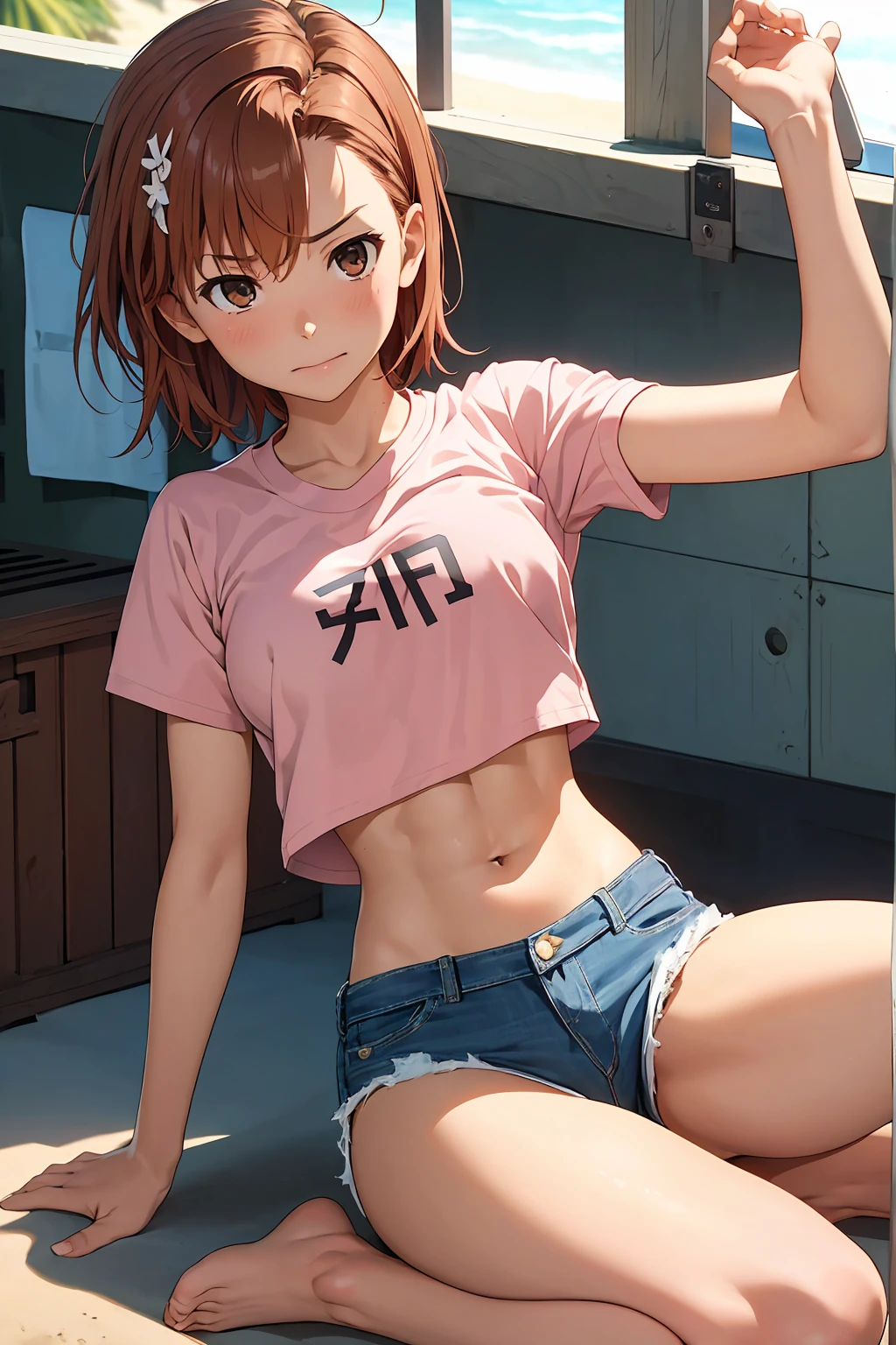 NSFＷ　Highest quality　Best image quality　４ｋ　,{Misaka Mikoto}　　{{shirt lift}}＋＋　Plain pink shirt　((topless))++,　Underboob　Beautiful nipples　Short hair Brown hair, Brown eyes,short hair(Beautiful Abs Denim Shorts ,　Embarrassed face　sit　Beautiful beach　Wet　ＭCharacter splits