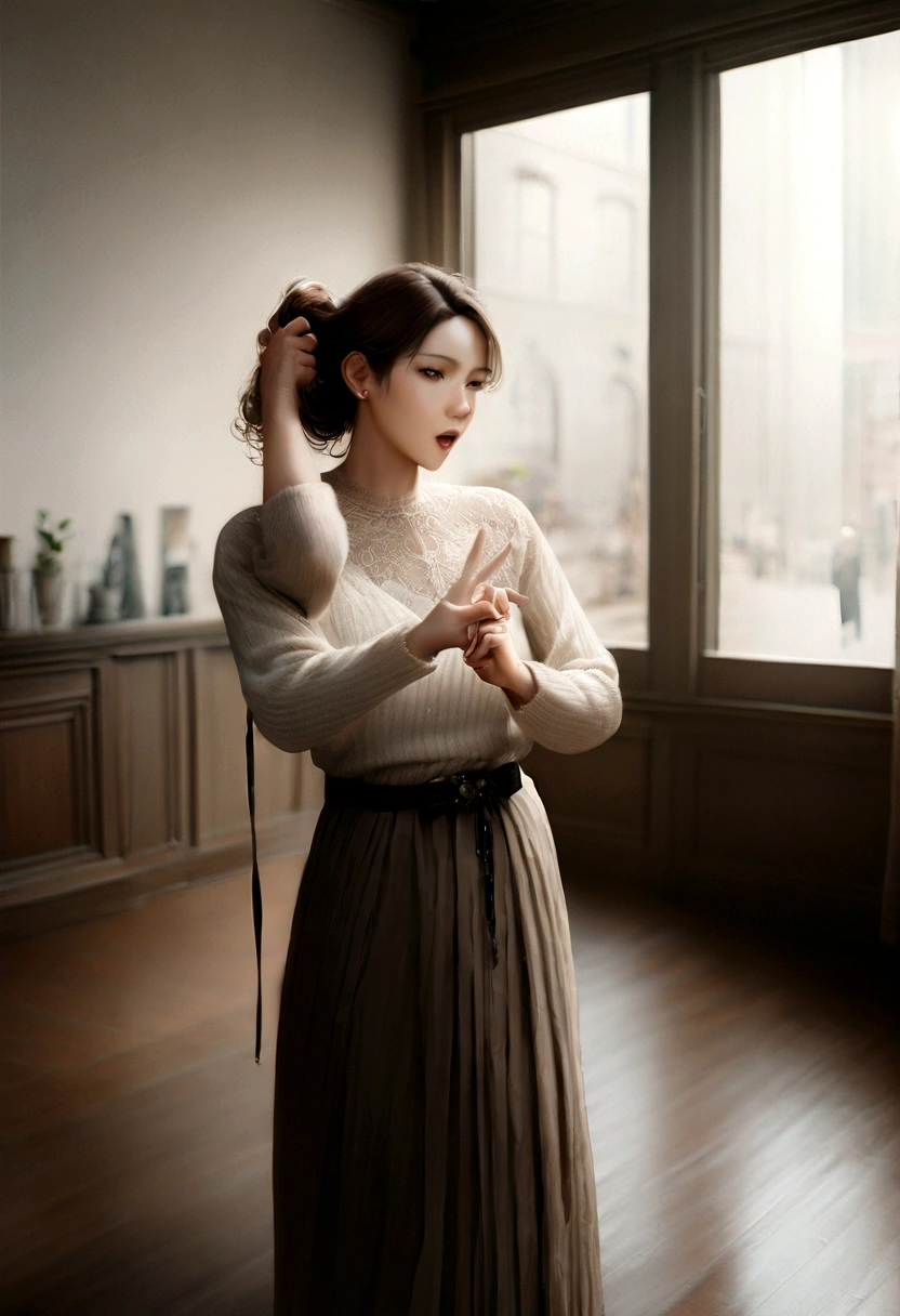 Realisticな,(masterpiece, high quality:1.2) ,Realistic, Raw photo, Wide Wide Shot, ( Hand sign), Verbal invitation, She has her mouth open, (Just enough to cover living expenses), Style your hair, Tying up hair,