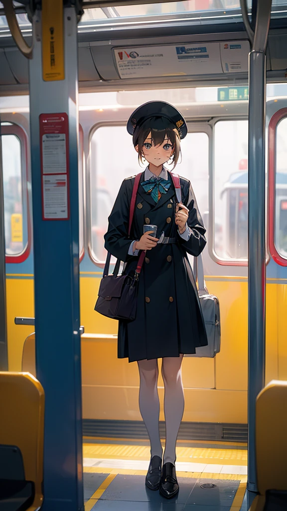 A dressed as a station attendant standing on the train's observation deck