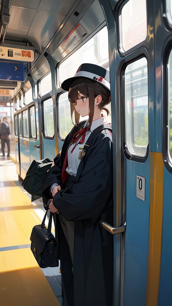 A  dressed as a station attendant standing on the train&#39;s observation deck