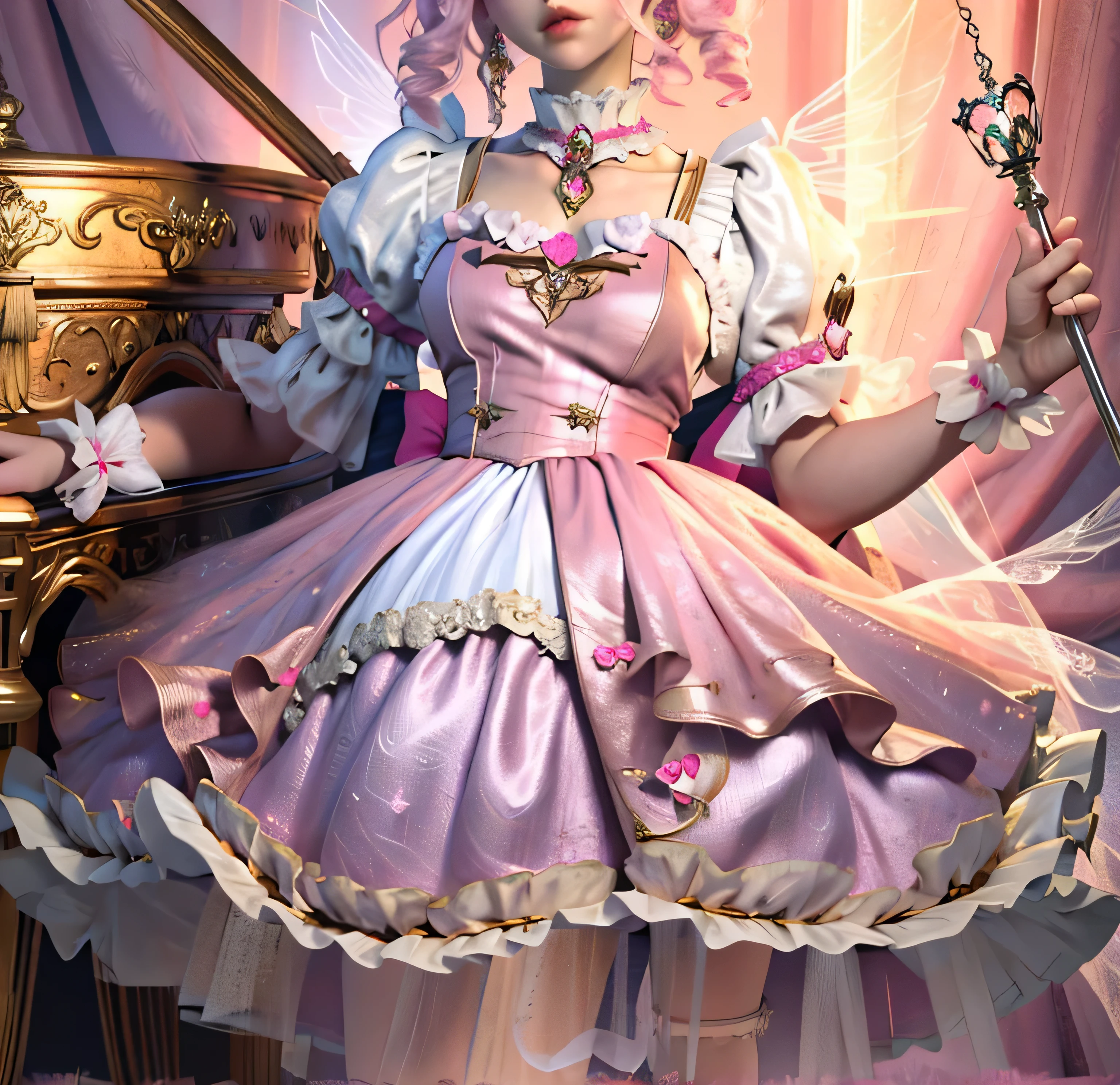 Guy in the pink satin dress with cane and crown arafe, fantasy dress, magical dress, dreamy style, very magical and dreamy, Lolita Fashion, ethereal fairy tale, fairycore, fantasy outfit, wearing fantasy formal clothing, angelic pretty, dreamy and detailed, Lolita style, fantasy style clothing, rococo dress, Fantasy aesthetics!, romantic dress, guy