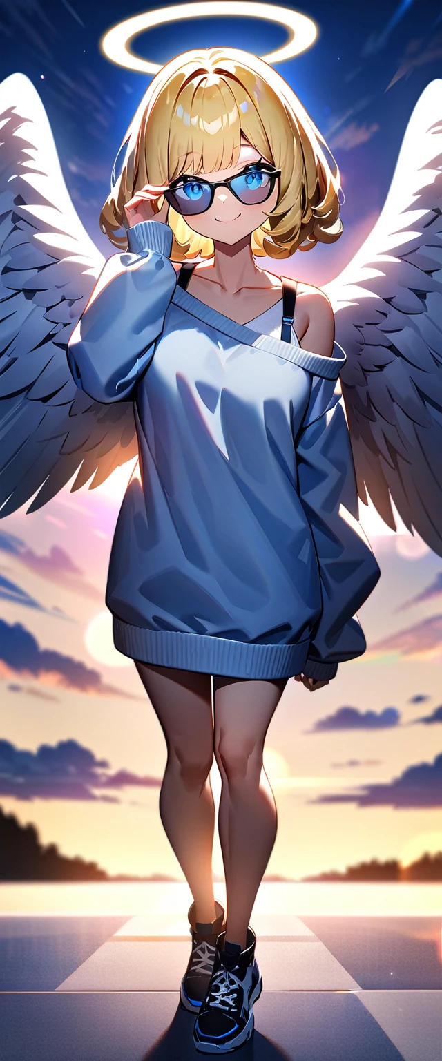 ((flying in the sky)), ((angel, big big white wings:1.3, halo:1.3)), ((sky)), (((sunglasses, hand to sunglasses))), (((full body))), archangel Uriel, ((wavy hair, outward curled hair)), evening, Sunset, ((blond hair, bob cut:1.3)), breasts, teenager, (looking at viewer), oversized clothes, puffy long sleeves, collarbone, ((off-shoulder sweater:1.3, Quite thick shoulder straps)), ((white sweater)), collarbone, head tilt:1.3, (((blue eyes))), ((happy smile)), (((anime style))), (best quality, 4K, 8K, highres, masterpiece:1.2, ultra-detailed, ultra-detailed eyes, HDR, uhd, studio lighting, ultra-fine painting, sharp focus, physically-based rendering, extreme detail description, professional, vivid colors, bokeh)