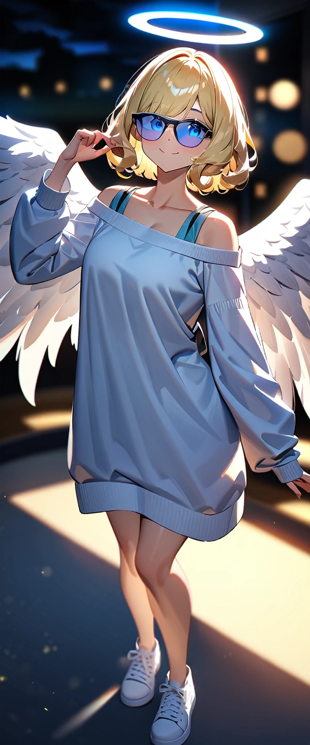 ((flying in the sky)), ((angel, big big white wings:1.3, halo:1.3)), ((sky)), (((sunglasses, hand to sunglasses))), (((full body))), archangel Uriel, ((wavy hair, outward curled hair)), evening, Sunset, ((blond hair, bob cut:1.3)), breasts, teenager, (looking at viewer), oversized clothes, puffy long sleeves, collarbone, ((off-shoulder sweater:1.3, Quite thick shoulder straps)), ((white sweater)), collarbone, head tilt:1.3, (((blue eyes))), ((happy smile)), (((anime style))), (best quality, 4K, 8K, highres, masterpiece:1.2, ultra-detailed, ultra-detailed eyes, HDR, uhd, studio lighting, ultra-fine painting, sharp focus, physically-based rendering, extreme detail description, professional, vivid colors, bokeh)