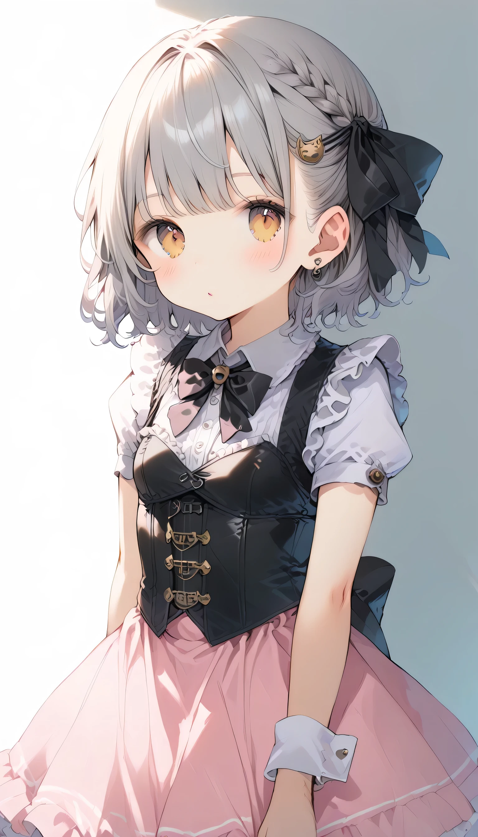 girl, Gray-haired, Short-haired, Yellow-eyed, Small breasts, Cat hair accessories, Side Lock, Gray-haired, Shiny Hair, uniform, (Golden Eyes: 1.2), (Skirt has two long triangular extensions, abdominal vest corset), White buttons on the best corset, (A short-sleeved striped shirt under a vest corset), (The cuffs are close to the arms), (Thick black ribbon around neck), ( short magenta skirt),