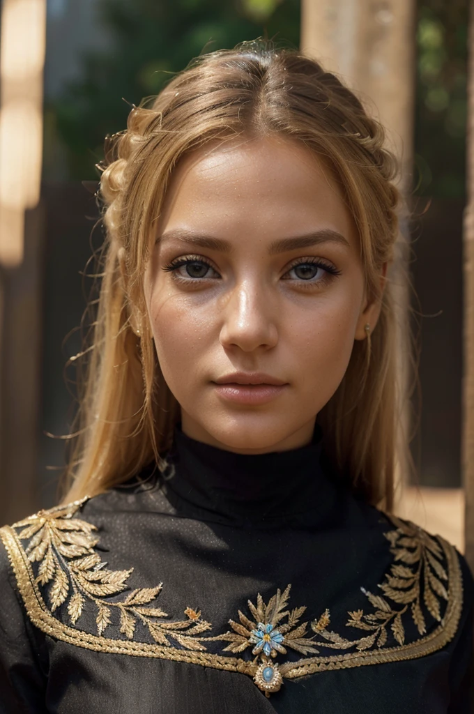 a beautiful blonde woman, beautiful golden blonde hair, detailed eyes, beautiful detailed lips, extremely detailed face, long eyelashes, in the country of Egypt, wearing a long black arab dress, (best quality,4k,8k,highres,masterpiece:1.2),ultra-detailed,(realistic,photorealistic,photo-realistic:1.37),HDR,UHD,ultra-fine painting,sharp focus,physically-based rendering,extreme detail description,professional,vivid colors,bokeh,portrait, vue sur les pyramides, photo qui va jusqu'au genoux, le cheveux porter par le vent