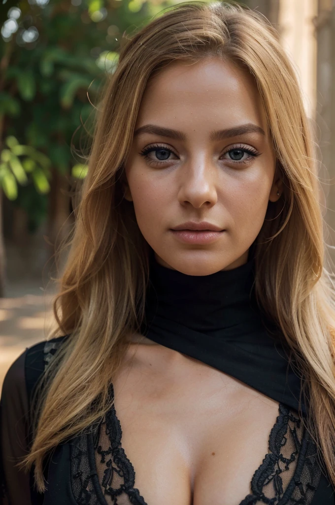 a beautiful blonde woman, beautiful golden blonde hair, detailed eyes, beautiful detailed lips, extremely detailed face, long eyelashes, in the country of Egypt, wearing a long black arab dress, (best quality,4k,8k,highres,masterpiece:1.2),ultra-detailed,(realistic,photorealistic,photo-realistic:1.37),HDR,UHD,ultra-fine painting,sharp focus,physically-based rendering,extreme detail description,professional,vivid colors,bokeh,portrait, vue sur les pyramides, photo qui va jusqu'au genoux, le cheveux porter par le vent