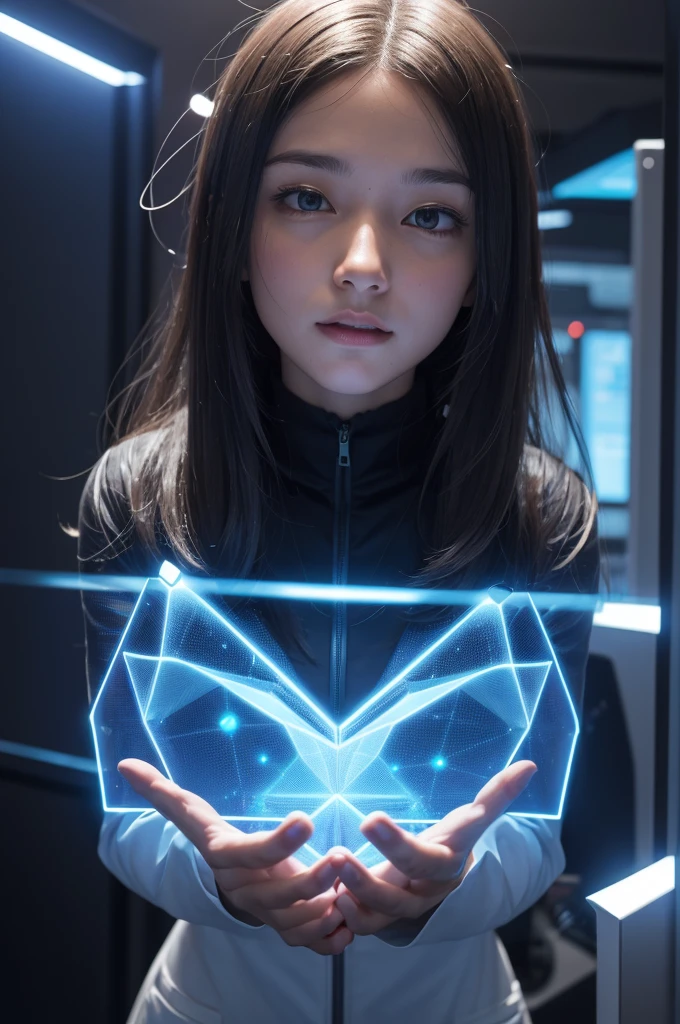 A scientist interacts with a holographic AI interface.