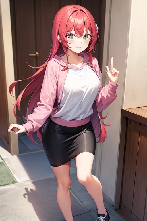 1girl, woman, hoodie, pencil skirt, medium length skirt, long hair, full body, smile