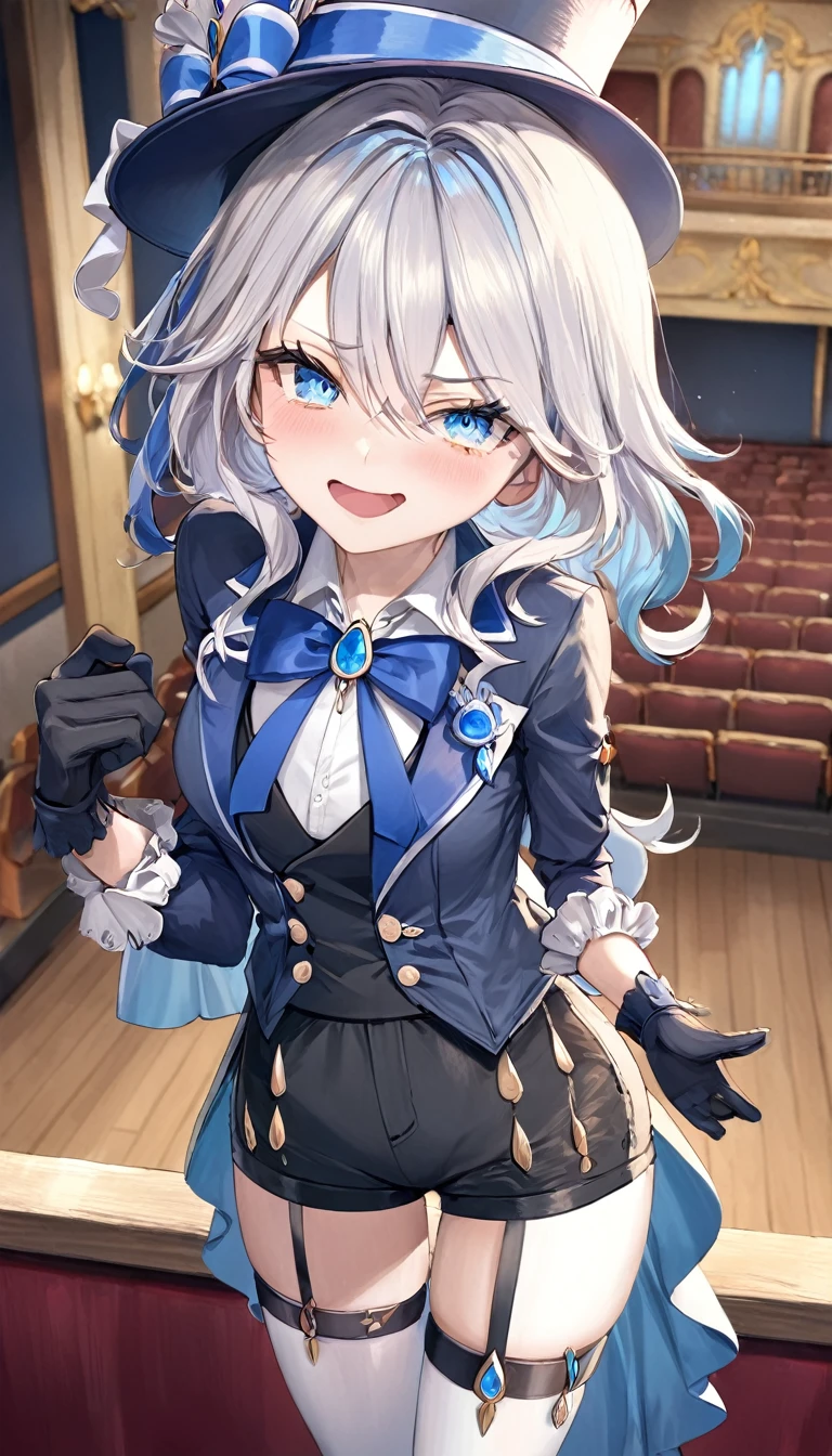 1girl, furina \(genshin impact\), mismatched gloves, top hat, blue jacket, short shorts, thigh strap, waist cape, looking at viewer, smug, open mouth, naughty face, ojou-sama pose, cowboy shot, theater, indoors,