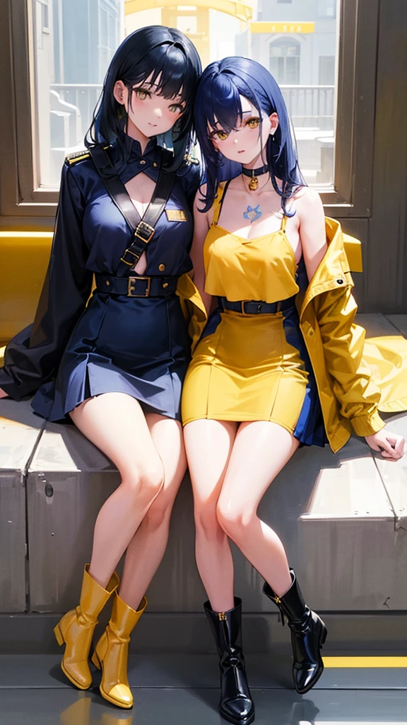 2girls, twins, short wavy navy blue hair, golden yellow glowing eyes, wearing black tube top, navy blue trench coat, navy blue long denim skirt, golden boots, sleeve tattoo, river, absurdres, high res, ultra sharp, 8k, masterpiece, looking at viewer