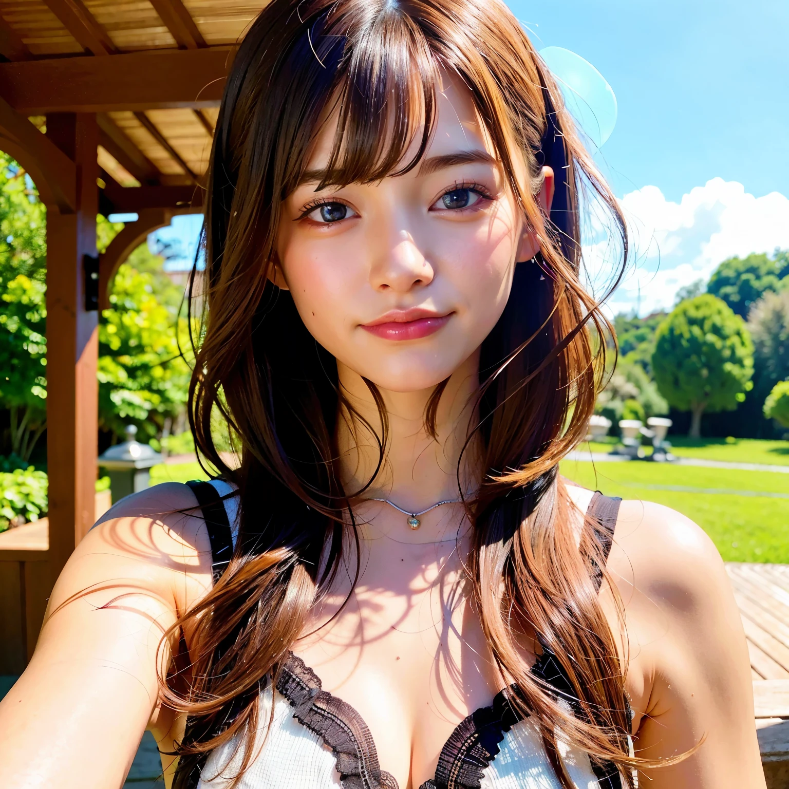 Realistic, ( Intricate details, Written boundary depth)、Hyperrealism, Highest quality, Super detailed, retina, Very detailed, Perfect Face,  Brown Hair、Wavy Hair, short hair、Beautiful woman, Perfect appearance, smile, Lolita, Oily skin、Glowing Skin, Beautiful natural place、 Anatomically correct