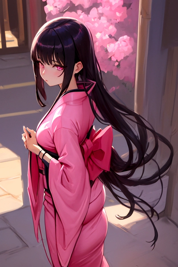 work of art, (pink kimono), alluring face, good lighting, de micro bikini price, fine-details, work of art, glare eyes, 1 girl, Bblack hair, best qualityer, ass pov, all-body, Broad Hips,