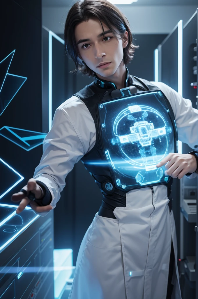 A male scientist interacts with a holographic AI interface.