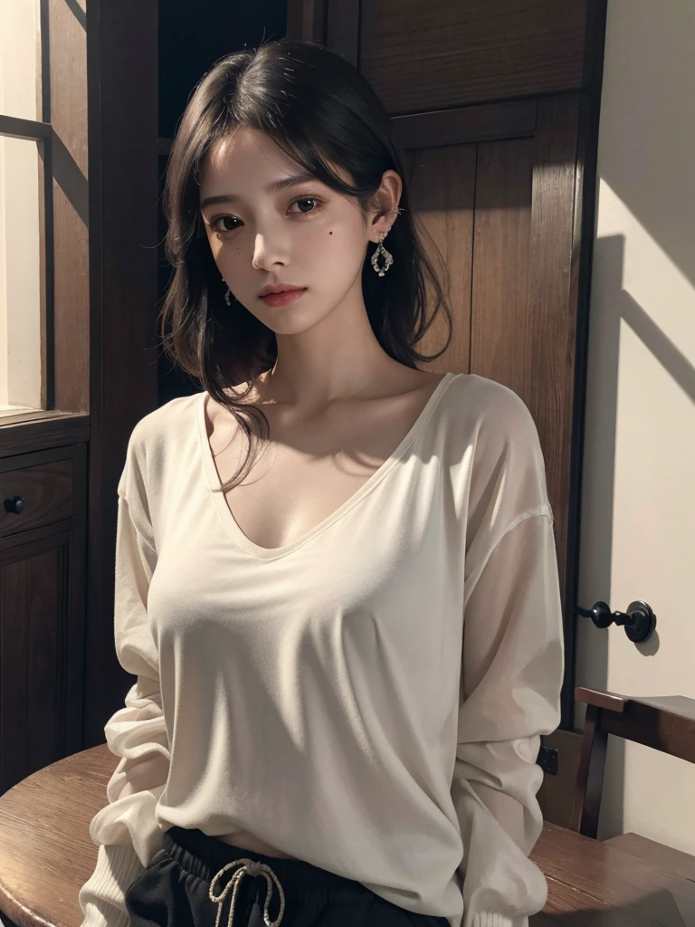 absurdres, RAW photo, extremely delicate and beautiful, masterpiece, Best Quality, ultra high resolution, 32k, hyperrealistic, ultra-detailed, in her 20s, delicate facial features, beautiful detailed girl, tearful mole, earring, medium breasts, full body shot, shorter middle hair, black hair, Joggers, Shorts,