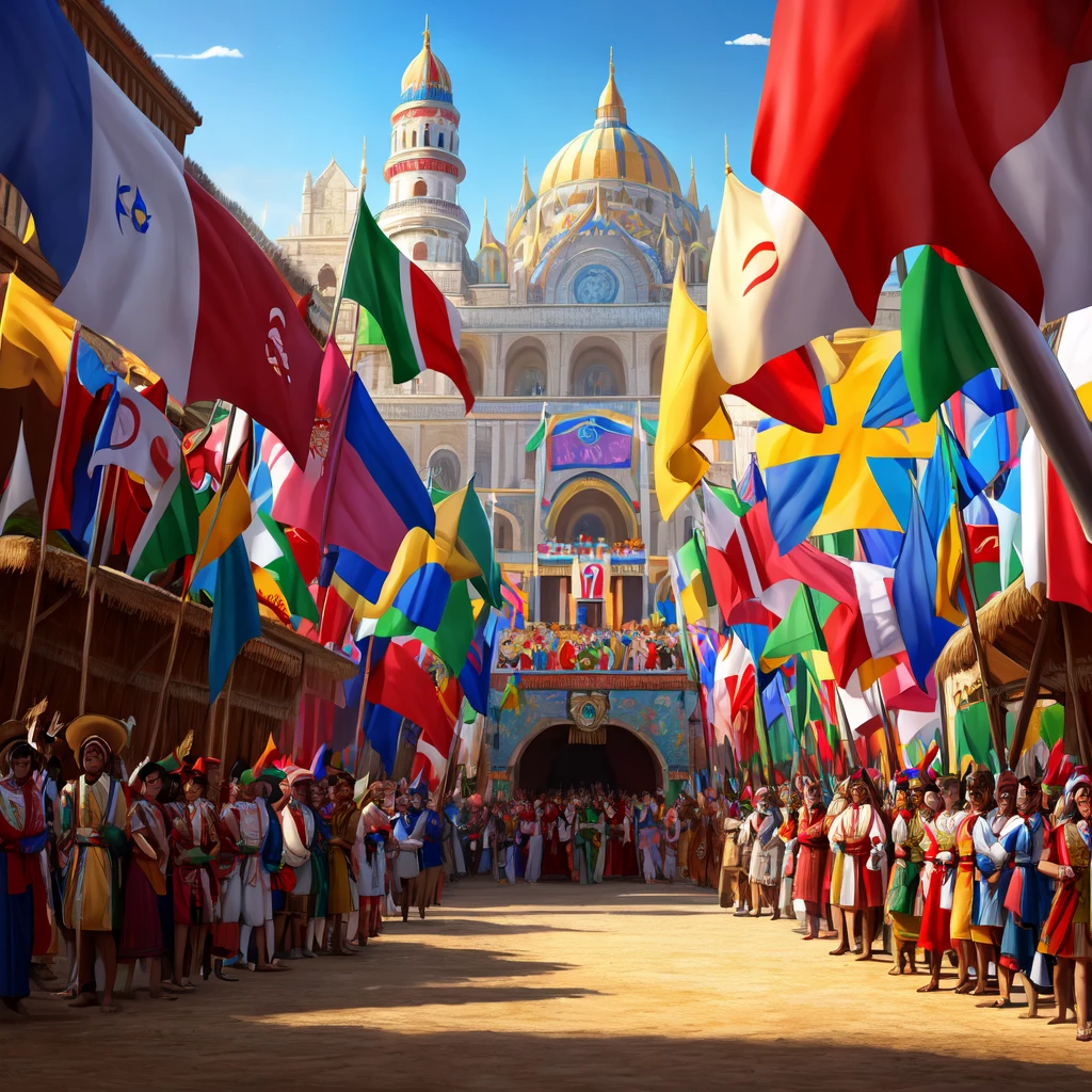 Unbeatable masterpiece, Ultra photo realsisim, Perfect artwork, details Intricate, best qualityer, strong light, hight contrast, (work of art) , (best qualityer) , (extremely detailed CG Unity 8k wallpaper) , FESTIVAL OF NATIONS WITH TENTS FROM VARIOUS COUNTRIES ON THE SIDES REPRESENTED WITH THEIR COUNTRY FLAGS, WITH A CENTRAL CORRIDOR WITH PEOPLE HAVING FUN IN CASUAL WESTERN CLOTHES, IN THE BACKGROUND A STAGE FOR OUTDOOR PRESENTATION.