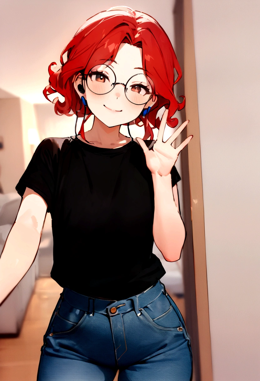 SeaArt Robot, Text to Image, 11:21:31, masterpiece, best quality),1 -yeld te Red Hair, round glasses, curls, Smile, Black T-shirt, Wide-leg jeans, Hands on waist, Earphones, Warm lighting, Blurred prospects, Selfie photo.