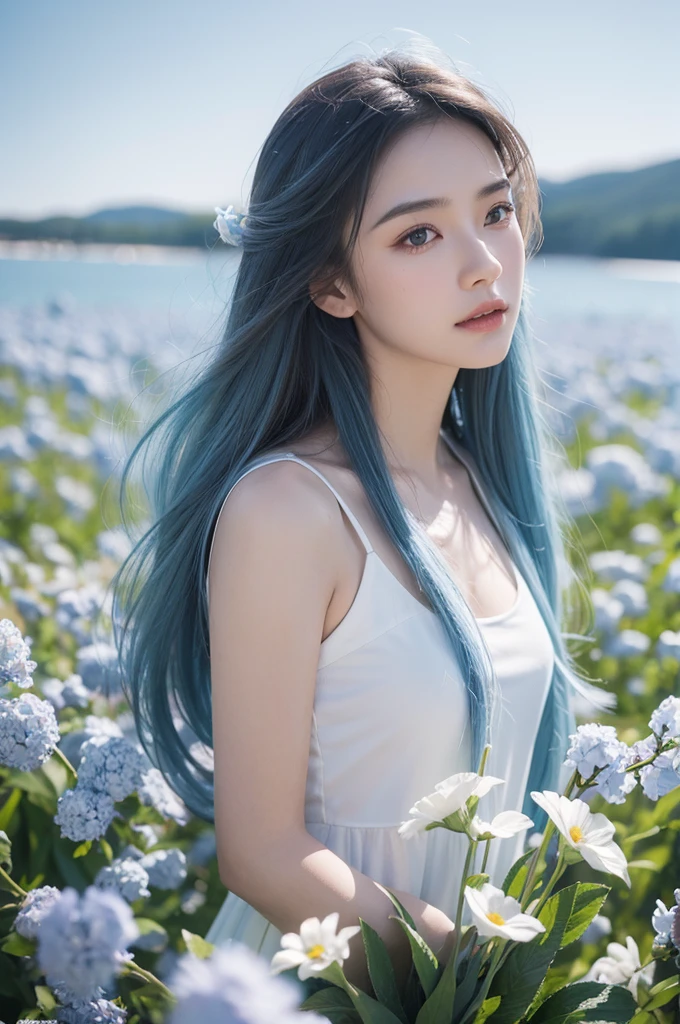 (absurd, high resolution, Ultra Detailed, Ultra HD, ), Solitary, 1 girl, Mature, Happy, girl standing in Light Blue flower field, Light Blue flower petal surrounding girl, whole body, Blue long hair girl, Light Blue hair, fantasy, fantastic, snow, Official Art, Pop Art, contour, Ultra Detailed face, Ultra Detailed eyes, Light Blue flower field, Ultra Detailed field, White blue sky, cold, Light Blue, White,  Nebula in the sky, Blue Tree, watercolor, Pastel colors