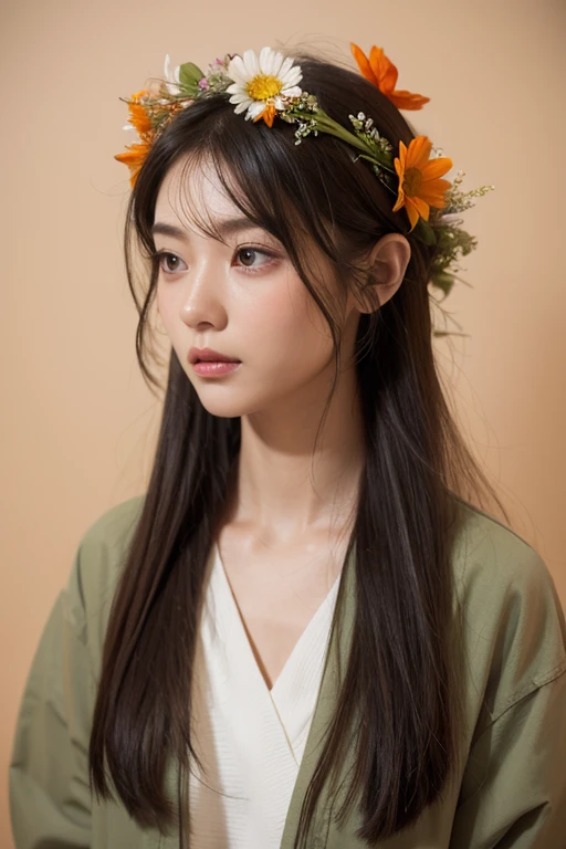 Lady with flowers in her hair is an acrylic painting, Lucy Glendinning Style, Tony Dietlitz, Organic and naturalistic composition, Flower Explosion, Pickaxe, Light orange and brown, Calm face - ar 3:4 -