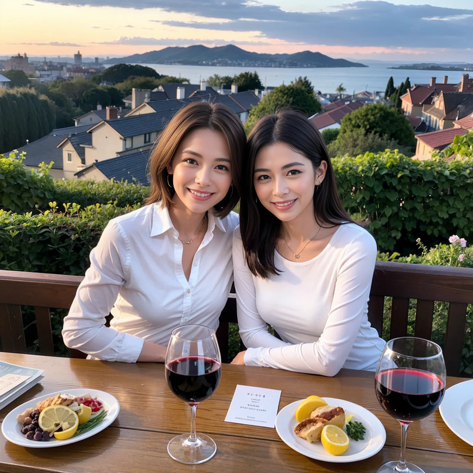 ((Highest quality、、masterpiece:1.3))、1 male 1 female、42 years old 44 years old、Slim Beauty、beautiful couple、smile、 (Slim face), (the body is スリム), (Brown Hair), (Shortcuts), テーブルのフルコースディナーとwine glass、Amazing view of the sunset sky and clouds、smileの美しさ、Wine bottle、sparkling wine、Long sleeve shirt、dress、White wine, red wine, wine glass,