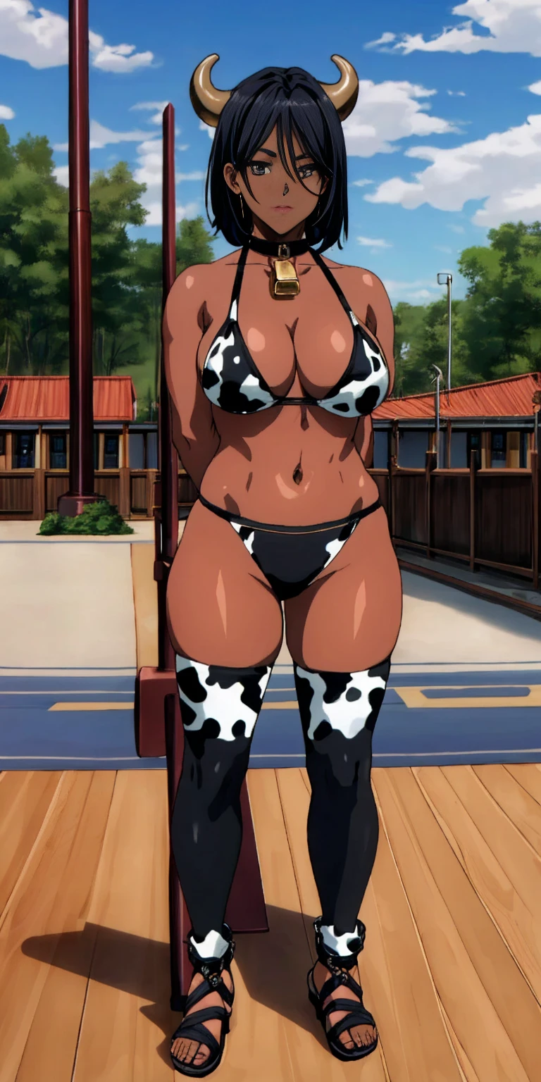 (Masterpiece, best quality, intricate details, 1sologirl) iron collar, arms behind back, iron cuffs, shackles, bound ((standing by wooden pole:1.2)) ((female Black Dark skin Gyaru)) show entire body frontal position, feet in view, realistic, gorgeous 16y.o. darkest skinned mixed race female, black African, barefoot no shoes, looking to viewer straight symmetrical, solo girl looking to the camera, cow bell choker leather collar choker neck bell, metal sandals, black and white bikini (cow pattern) black thigh highs