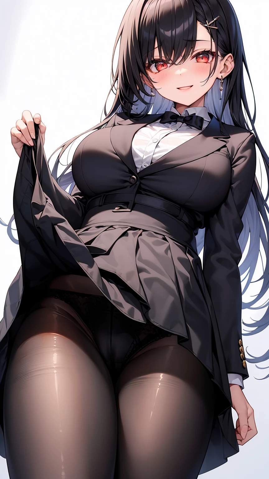 One Girl, Five Fingers, mini skirt, Looking down at the viewer, Black Hairロングヘアー, Highest quality, Focus on the thighs, Dynamic pose, smile, blazer, blouse, Black Pantyhose, panties under pantyhose, Standing Split, classroom, Black Hair, Stylish pose,My thighs and groin are steamy