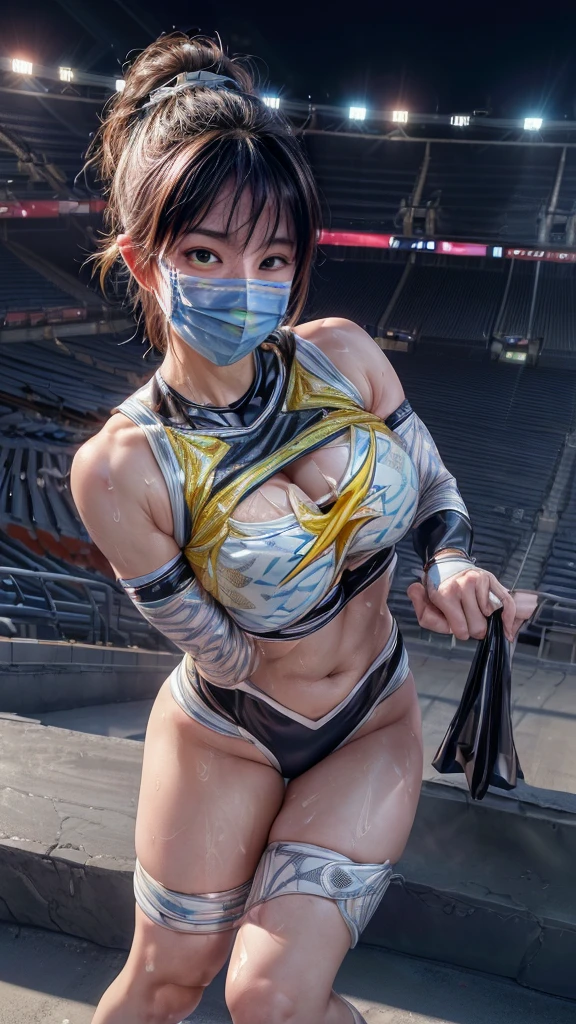 (((mask)))、Female professional wrestler、Fighting Pose、tall、smile、((On the Ring))、((Spotlight))、(((large stadium)))、((Super big breasts))、((Ultra tight uniform))、Wristband、(((A flashy costume with a bizarre pattern)))、((Elbow Support))、((Knee support))、I can see your abuscular、Hairstyle with bangs、((Sweat))、((Match venue))、Very beautiful woman、((Female Athletes))、(Detailed face)、Realistic Skin、((Delicate photo)),(Girl Masterpiece RAW Photo Details:1.25), (Highest quality:1.6), (Ultra-high resolution:1.5), (Realistic:1.75), 8K resolution,50mm, Absurd, Ultra-detailed,Cinema Lighting、
